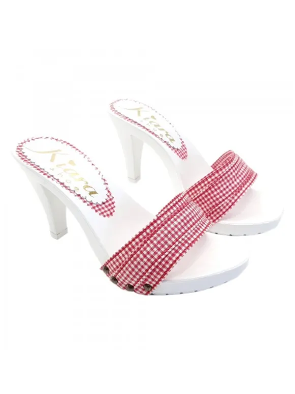 WHITE HEEL CLOGS WITH RED PIN-UP STYLE UPPER