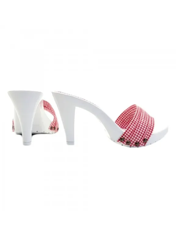 WHITE HEEL CLOGS WITH RED PIN-UP STYLE UPPER