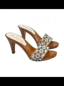 WHITE LASERED LEATHER CLOGS WITH 9 CM HEEL