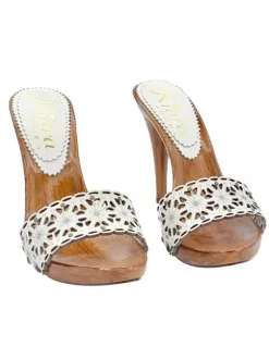 WHITE LASERED LEATHER CLOGS WITH HIGH HEEL
