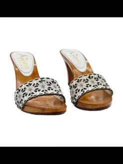 WHITE LASERED LEATHER CLOGS WITH 9 CM HEEL