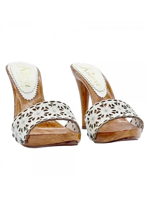 WHITE LASERED LEATHER CLOGS WITH HIGH HEEL