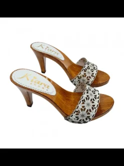 WHITE LASERED LEATHER CLOGS WITH 9 CM HEEL