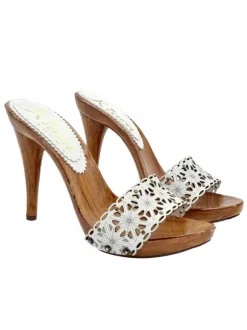 WHITE LASERED LEATHER CLOGS WITH HIGH HEEL