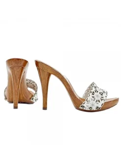 WHITE LASERED LEATHER CLOGS WITH HIGH HEEL