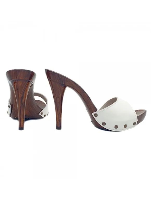 WHITE LEATHER CLOGS HEEL 12