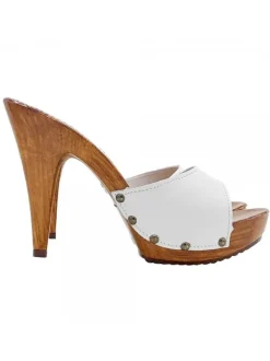 WHITE LEATHER CLOGS WITH 11 CM HEEL