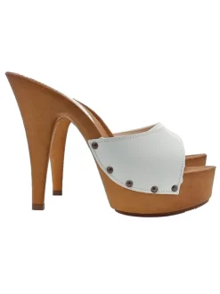 WHITE LEATHER CLOGS WITH 13 CM HEEL