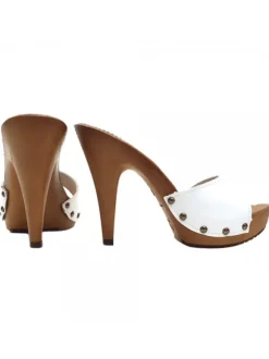 WHITE LEATHER CLOGS WITH HEEL 11
