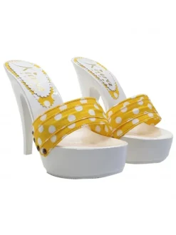 WHITE MULES WITH YELLOW POLKA DOT BAND