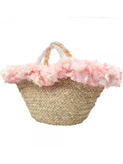 WICKER BAG WITH PINK FLOWERED EDGE