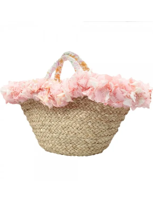 WICKER BAG WITH PINK FLOWERED EDGE