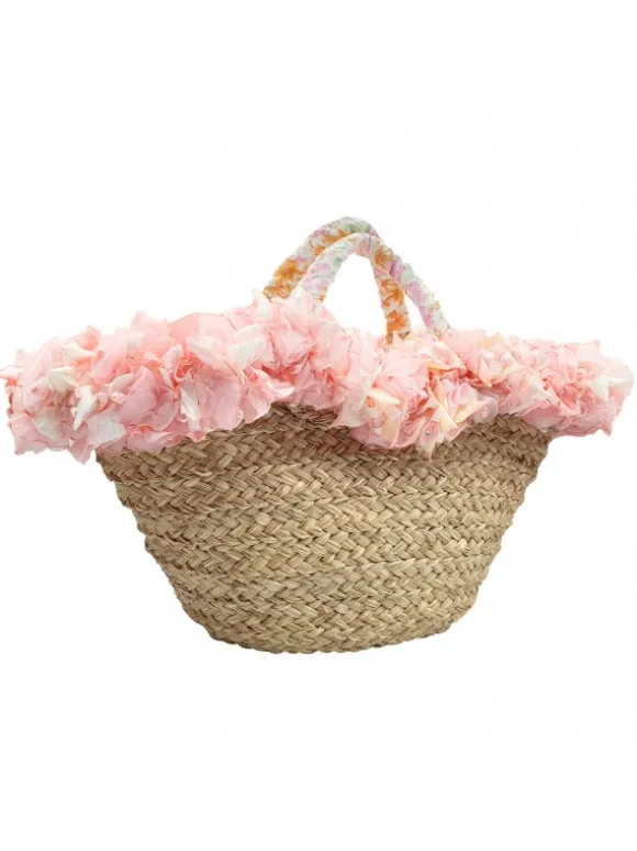 WICKER BAG WITH PINK FLOWERED EDGE