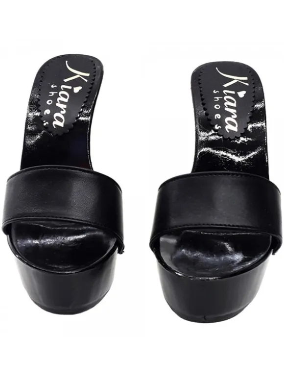 WOMEN'S BLACK LEATHER HEEL CLOG