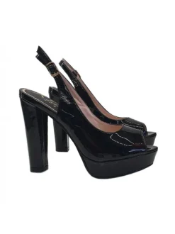 WOMEN'S BLACK PATENT LEATHER SANDALS HEEL 12