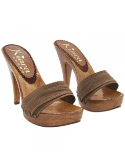 Women's Clogs Handmade with Double Brown Fabric Band - Heel 11 cm