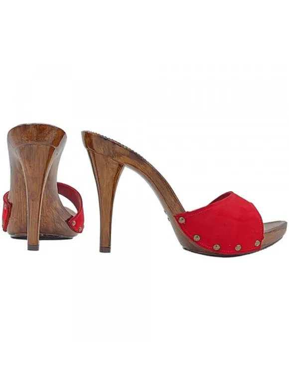 Women's clogs with 12 cm heel and red leather upper