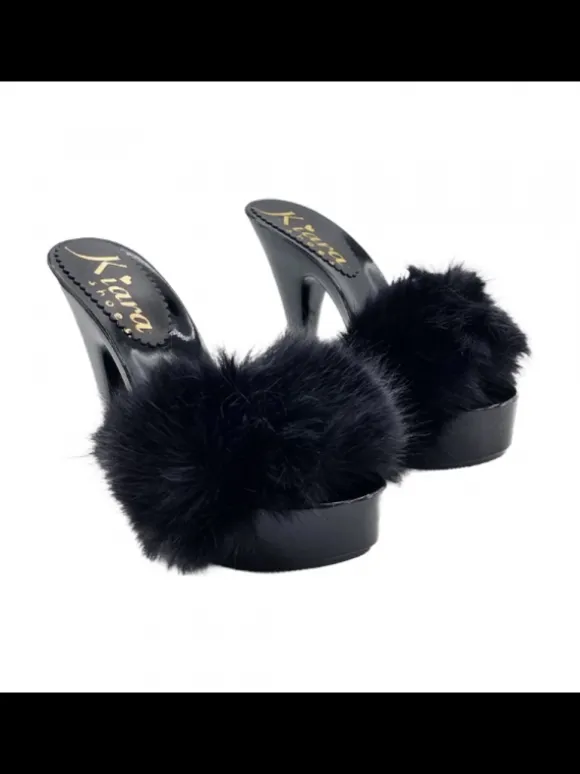 WOMEN'S CLOGS WITH BLACK FUR & 13 CM HEEL