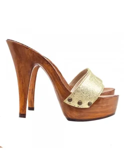 Womenโ€s Gold Strap Clogs with 13 cm Heel