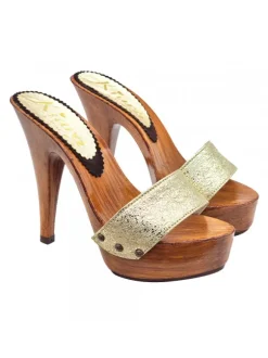 Womenโ€s Gold Strap Clogs with 13 cm Heel