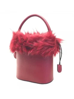 WOMEN'S RED BUCKET BAG WITH FUR