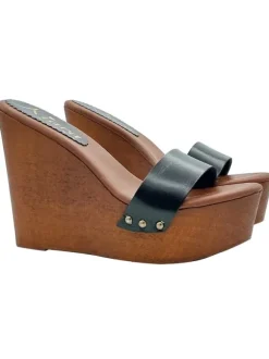 WOMEN'S WEDGES IN BLACK LEATHER WITH HIGH HEELS