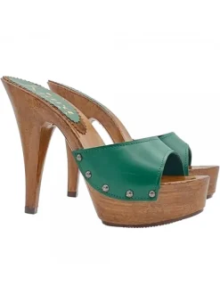 WOOD GREEN LEATHER CLOGS WITH HIGH HEEL