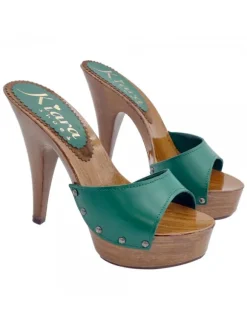 WOOD GREEN LEATHER CLOGS WITH HIGH HEEL