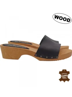Wooden Clogs with 4.5 cm Heel โ€“ Black Leather Band