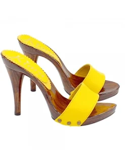 YELLOW CLOGS WITH LEATHER BAND AND HEEL 12