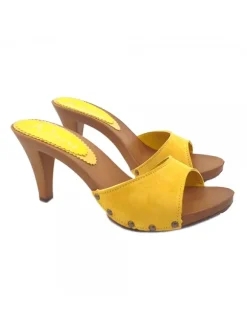 YELLOW HEEL CLOGS IN SUEDE
