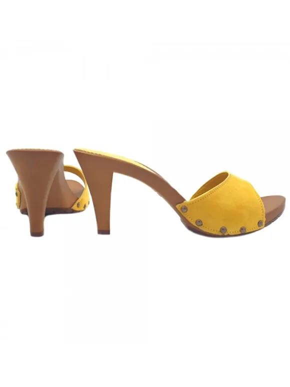 YELLOW HEEL CLOGS IN SUEDE